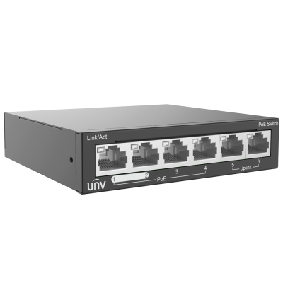 Switch de rede PoE unv com 6 portas Ethernet numéricas, caixa metálica cinzenta