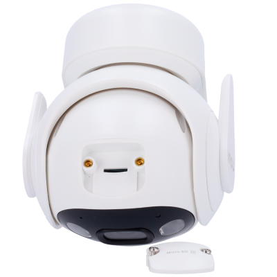 câmara de segurança branca com tampa de cartão Micro SD destacada