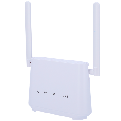 Roteador Wi-Fi branco com duas antenas e indicadores LED