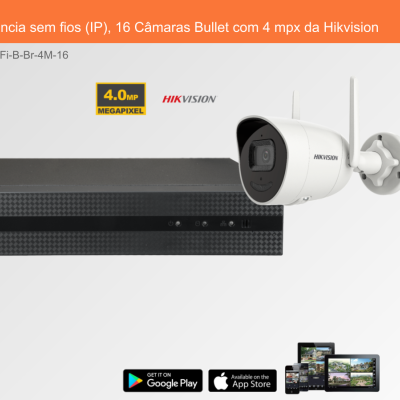 Sistema de Videovigilância sem fios com gravador e câmara bullet branca, texto em laranja e preto