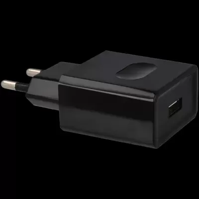 Carregador USB preto com ficha europeia de dois pinos metálicos
