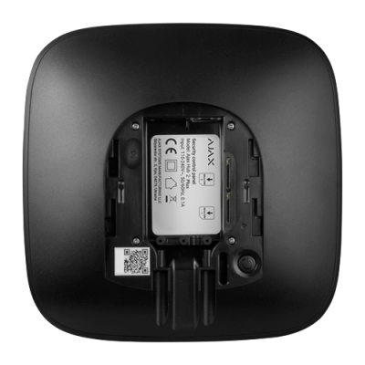 Dispositivo quadrado preto com bateria e etiquetas visíveis