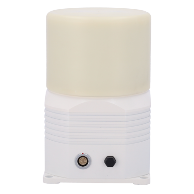 Dispositivo eletrónico branco com tampa bege e conexões frontais