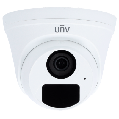 Câmara de segurança domo branca com lente preta e logo UNV