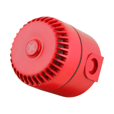 Alarme ou campainha vermelha de plástico com entradas de ventilação e botão estrela