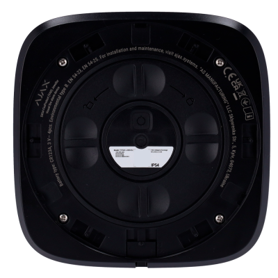 Parte traseira preta de dispositivo eletrónico com parafusos e texto branco
