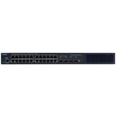 Interruptor de rede preto com múltiplas portas Ethernet e conectores SFP