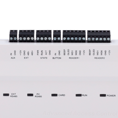 Dispositivo eletrónico branco com múltiplas entradas pretas e etiquetas de funções e indicadores