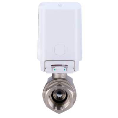 Válvula motorizada branca com corpo metálico prateado e conexão roscada