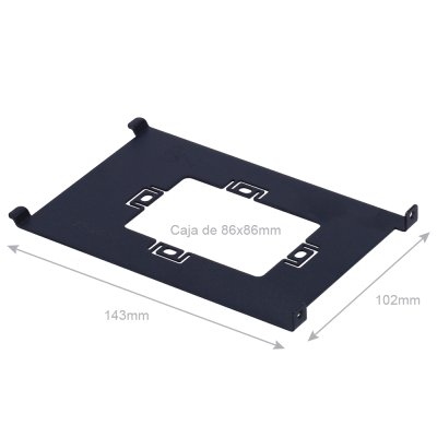 Suporte metálico preto com medidas e área central retangular