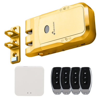 Fechadura digital dourada NIVIAN com comandos remotos e módulo branco