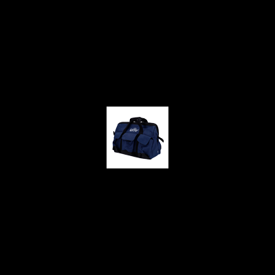 Mala de viagem azul escura com bolso frontal e alças pretas