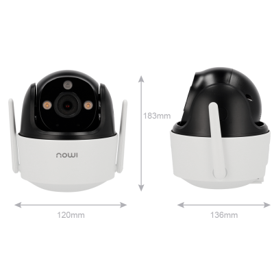 Câmara de segurança branca e preta com antenas e etiquetas de dimensões