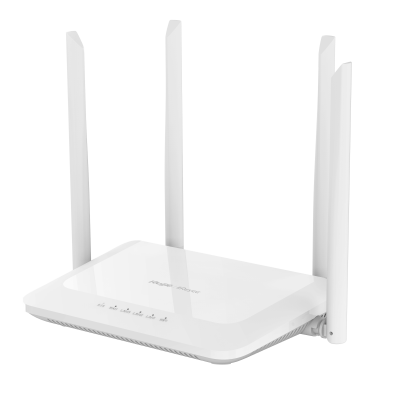Roteador sem fios branco com quatro antenas e luzes LED