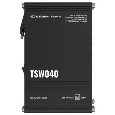 Dispositivo electrónico preto TELTONIKA TSW040 com textos informativos