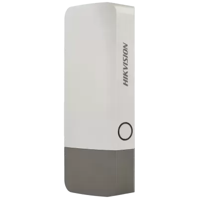 Dispositivo retangular branco e cinzento com texto HIKVISION e círculo preto