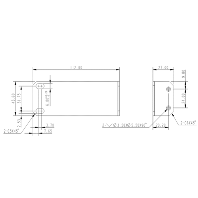 Desenho técnico com medidas em milímetros de peça retangular com furos e ângulos
