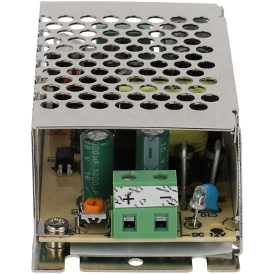 Fonte de alimentação eletrónica com caixa metálica perfurada e componentes eletrónicos visíveis