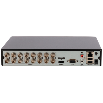 Dispositivo eletrônico retangular cinzento com múltiplas portas para vídeo, áudio, USB e ethernet.