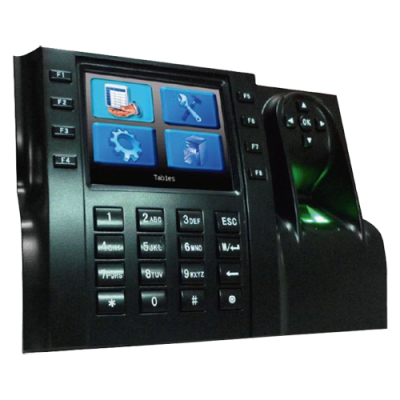 Aparelho eletrônico preto para controlo de acessos com ecrã a cores e teclas numéricas