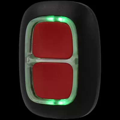 Comando remoto preto com botões vermelhos e luzes LED verdes.