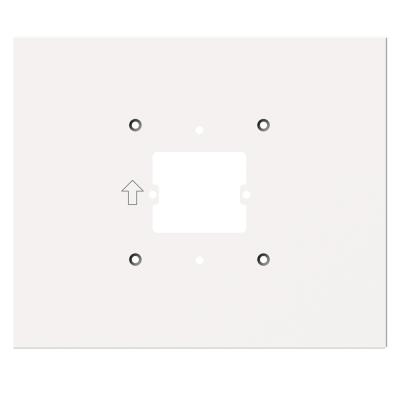 Painel branco com recorte quadrado e parafusos visíveis