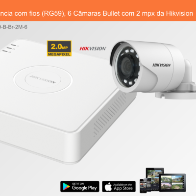 Sistema de videovigilância com 6 câmaras bullet brancas e NVR branco