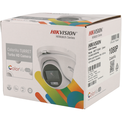 Caixa de embalagem de câmara de segurança Hikvision ColorVu TURRET Turbo HD Camera em fundo branco com detalhes coloridos