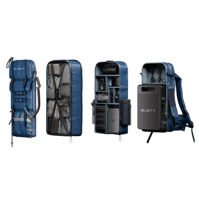 Mochilas azuis BLUETTI abertas mostrando interior com roupas e dispositivos eletrónicos