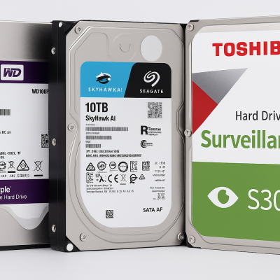 Três discos rígidos para vigilância com etiquetas coloridas