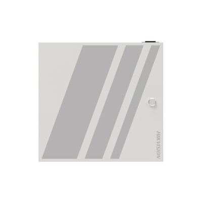 Armário metálico cinzento com faixas cinza e fechadura circular