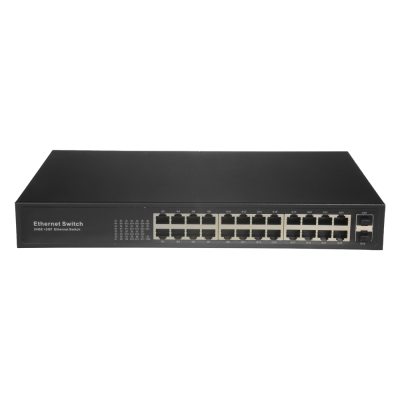 Switch Ethernet preto com 24 portas e LEDs frontais