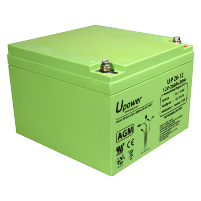 Bateria verde Upower AGM 12V-26AH/20HR com terminais metálicos e texto técnico na lateral
