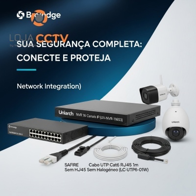 Equipamentos CCTV com unidade NVR, câmaras Uniarch, switch de rede e cabos UTP Cat6 RJ45 em fundo azul e cinza claro
