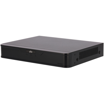 Decodificador digital preto com ventilação lateral e logo UNV