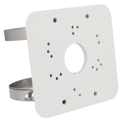 Placa de montagem branca com orifícios e braçadeira metálica
