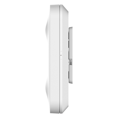 Dispositivo eletrónico branco visto de lado com botão central