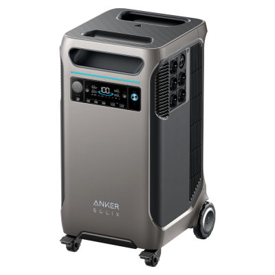 Gerador portátil cinza e preto com painel digital e rodas