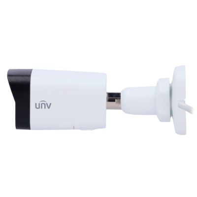 Câmara de videovigilância branca e preta da marca UNV com suporte e cabos