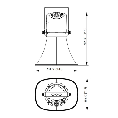 Desenho técnico de altifalante com medidas em mm e polegadas