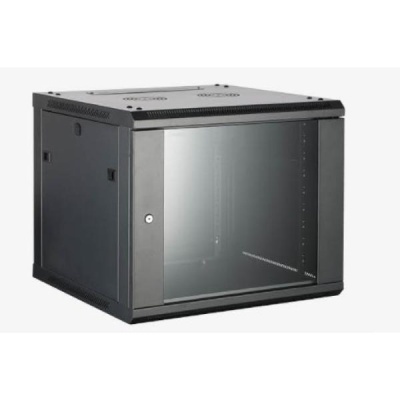 Armário de parede para servidores em metal preto com porta frontal de vidro