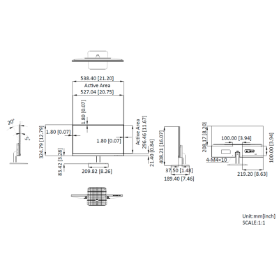 Desenho técnico de componente eletrónico com medidas em milímetros e polegadas.