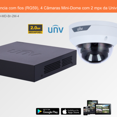 Sistema de videovigilância com gravador preto e câmara Mini-Dome branca UNV