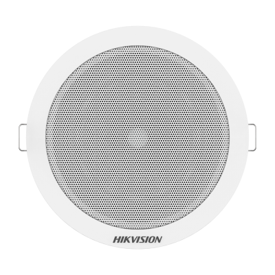 Altifalante embutido redondo branco com grelha perfurada metálica e marca HIKVISION.