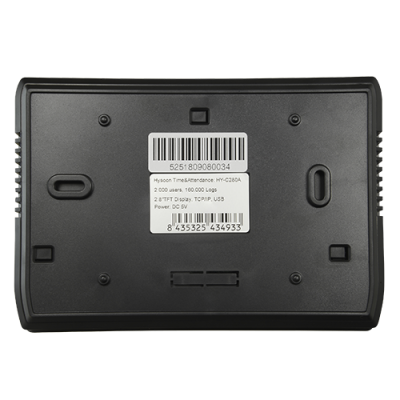 Parte traseira de dispositivo eletrônico preto com etiquetas brancas e códigos de barras