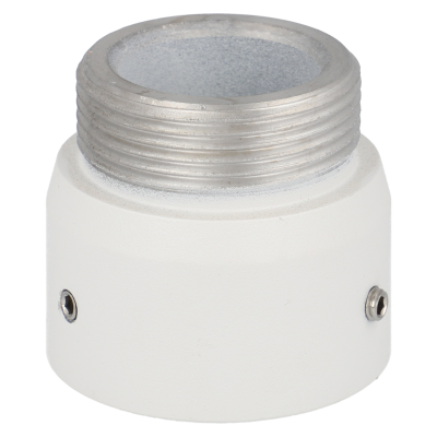 Conector metálico com rosca prateada e corpo branco com parafusos