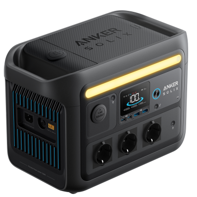 Estação de energia portátil Anker Sólix preta com visor digital e tomadas