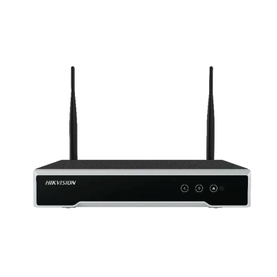 Recetor ou router de rede Wi-Fi preto com duas antenas e botões iluminados da HIKVISION