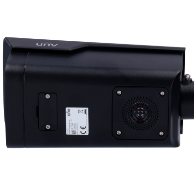 Câmara de segurança preta UNV lateral com placa técnica e ventilação