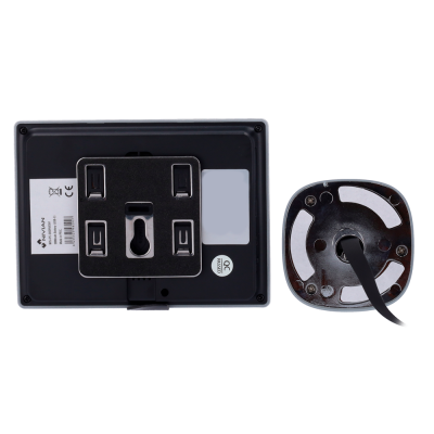 Painel preto retangular com suporte metálico e base circular com cabo